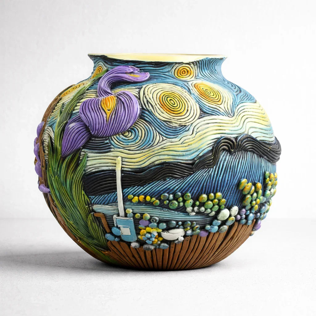 Colorful textured ceramic vase with Van Gogh-inspired swirling patterns, purple flower, landscape.