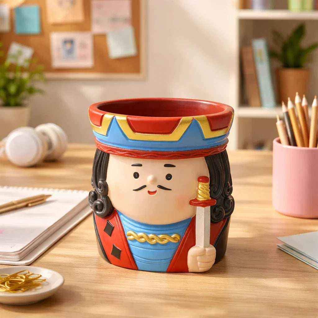 King-themed ceramic planter on wooden desk with office supplies, Germiant home decor