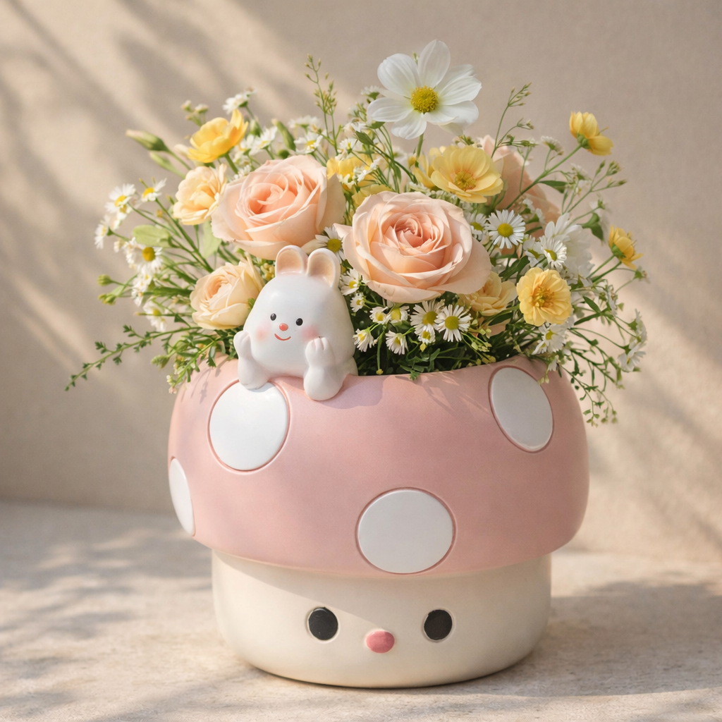 Floral arrangement in a pink mushroom-shaped vase with a small white rabbit figurine on a neutral background