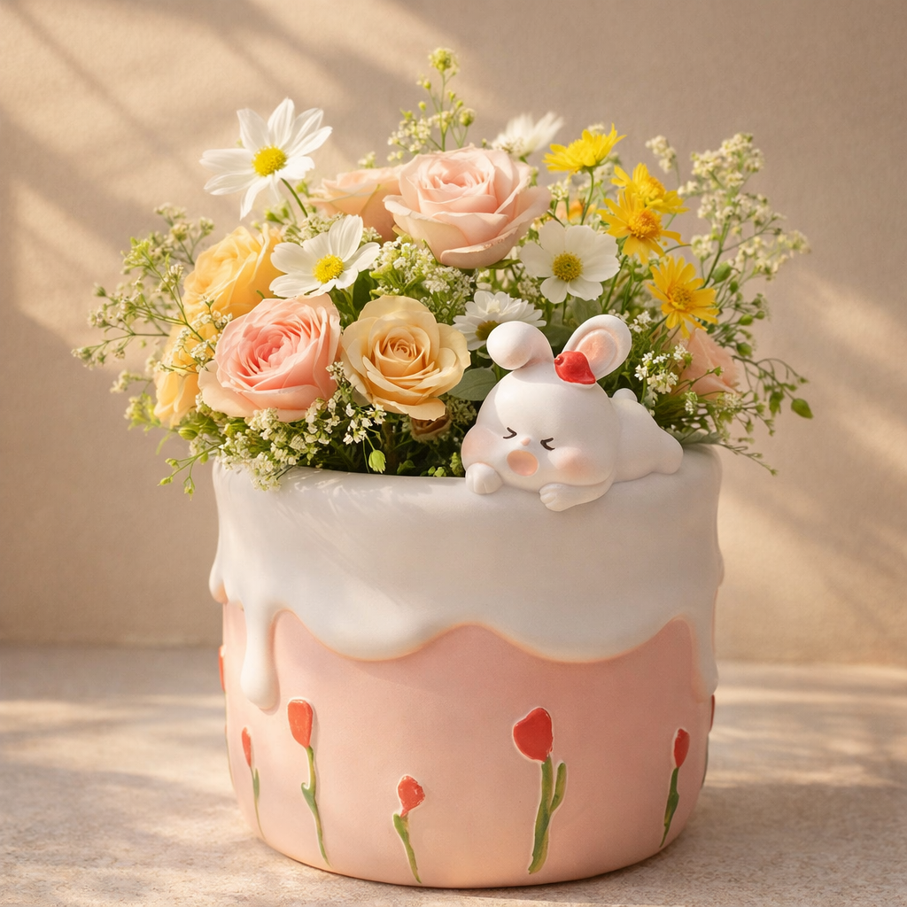 Floral arrangement in a decorative pot with a rabbit figurine on a neutral background