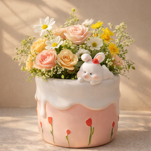Floral arrangement in a decorative pot with a rabbit figurine on a neutral background