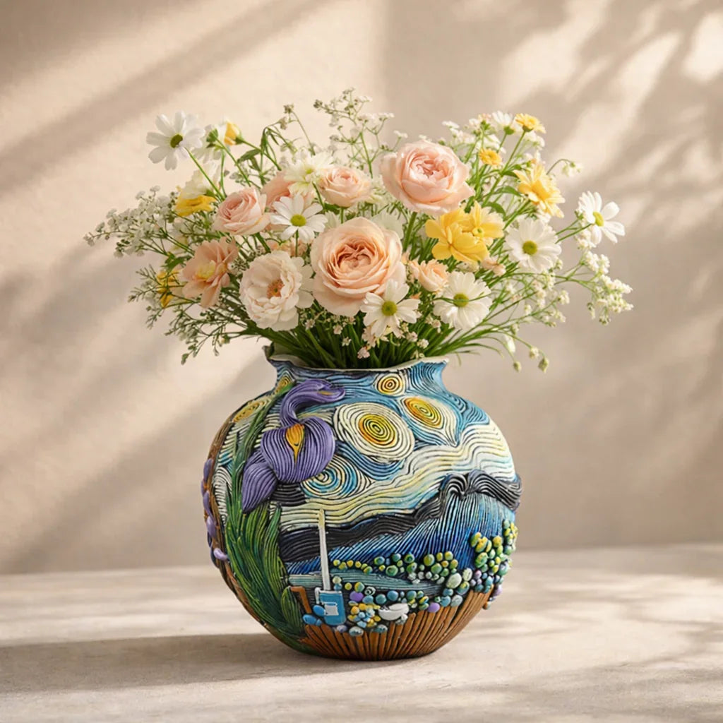 Colorful embossed vase with Van Gogh inspired design holding pastel roses and daisies, Germiant