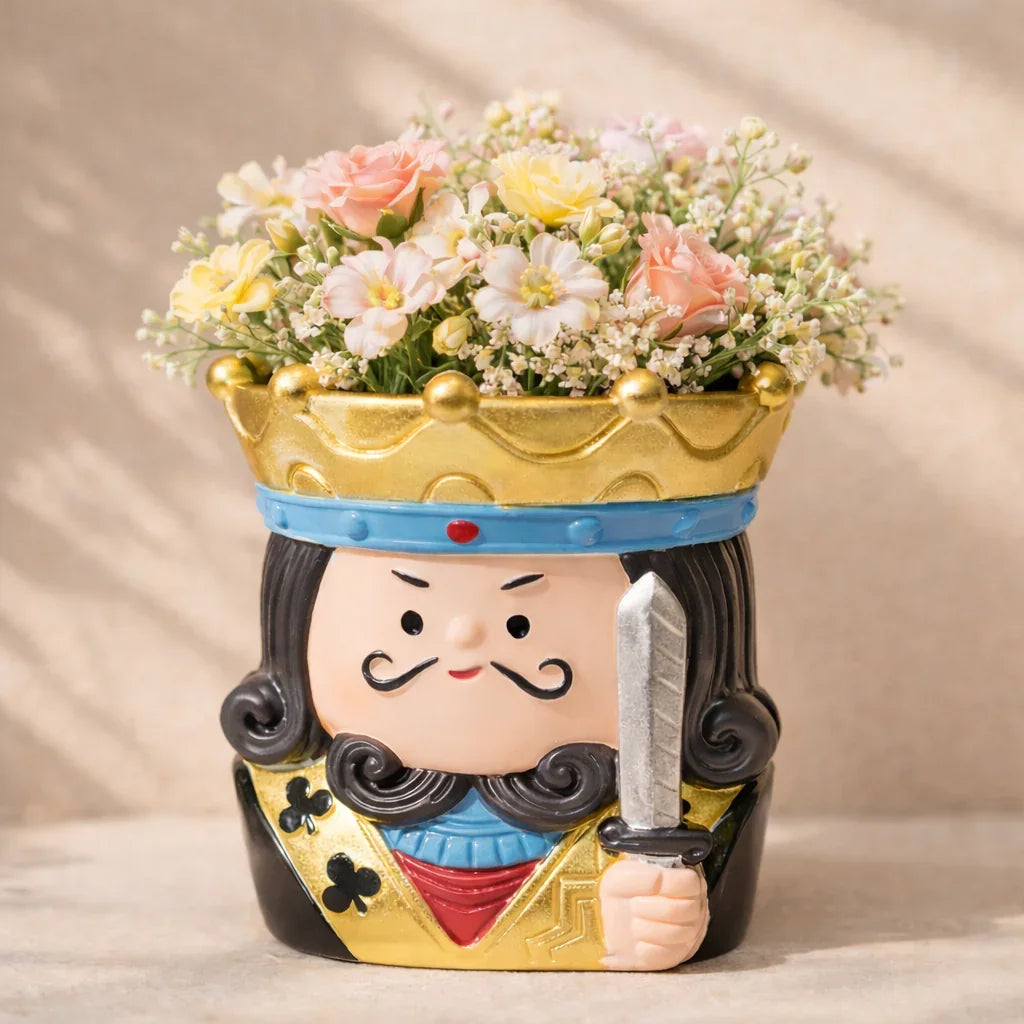 King themed ceramic planter with pastel flowers, unique home decor from Germiant