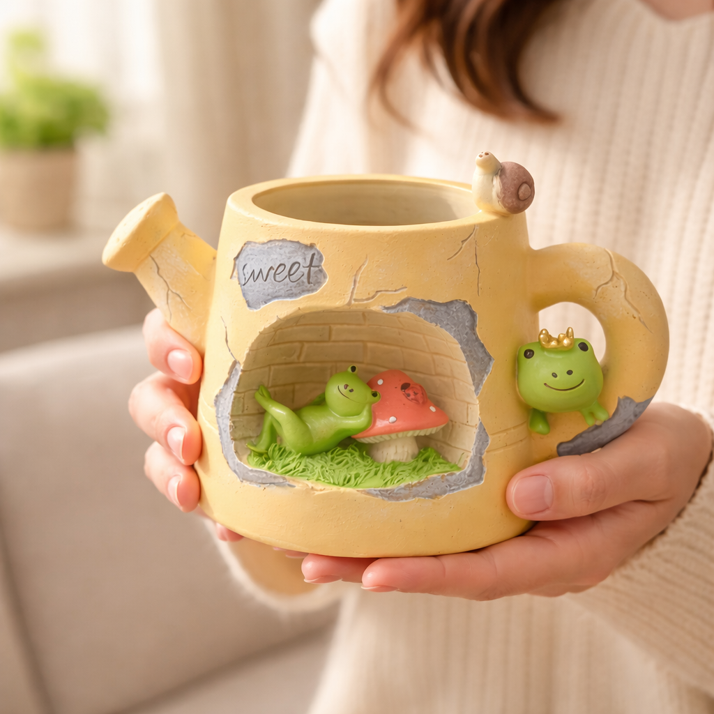 Hand holding cute ceramic planter shaped like a watering can with frog and mushroom design