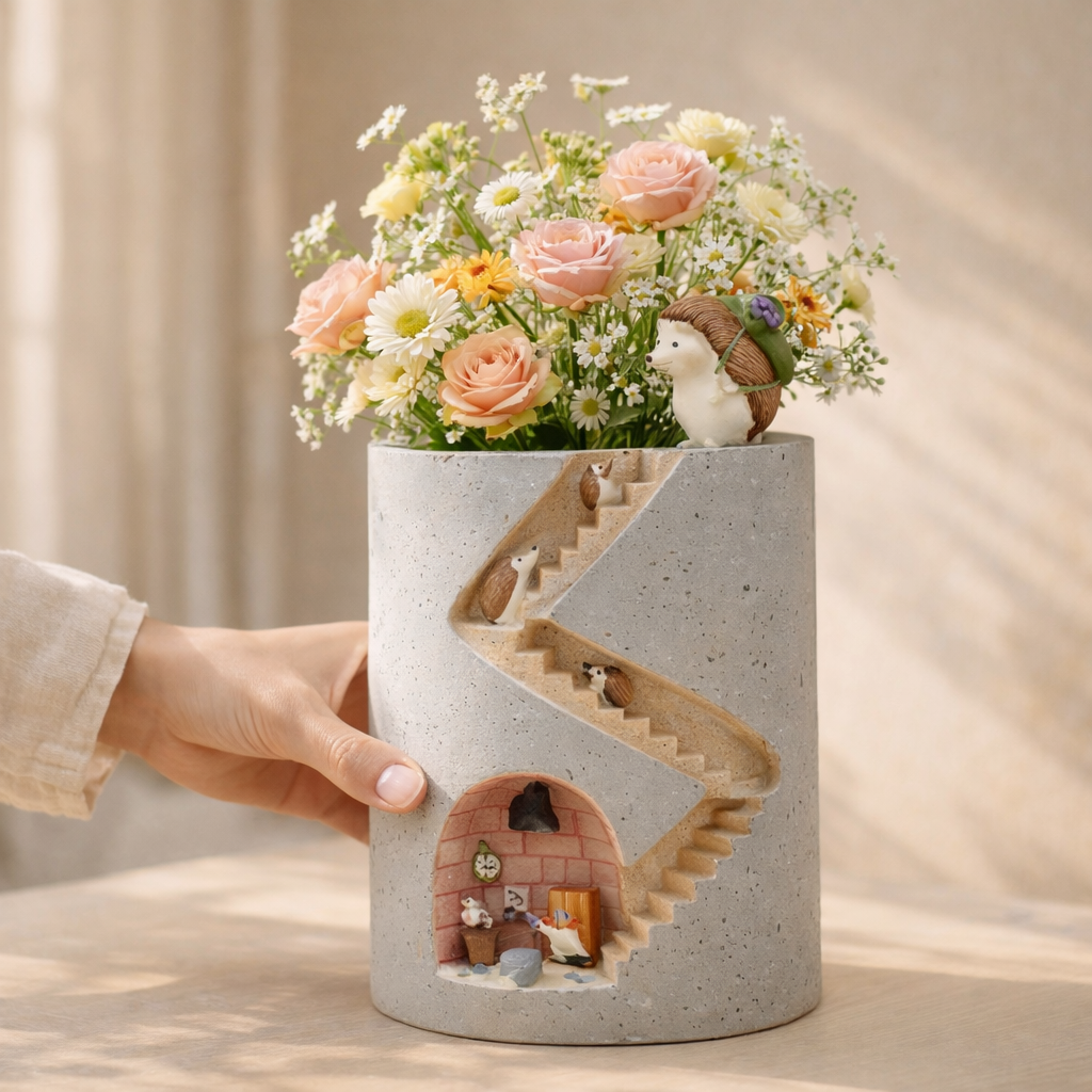 Cylindrical concrete vase with decorative elements and a hand holding it, against a neutral background.