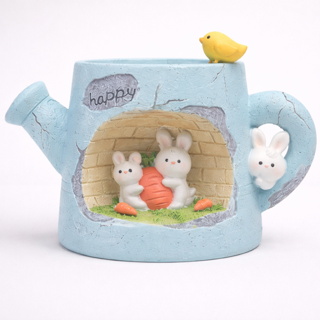 Cute blue watering can planter with bunny figurines and a carrot, Germiant home decor