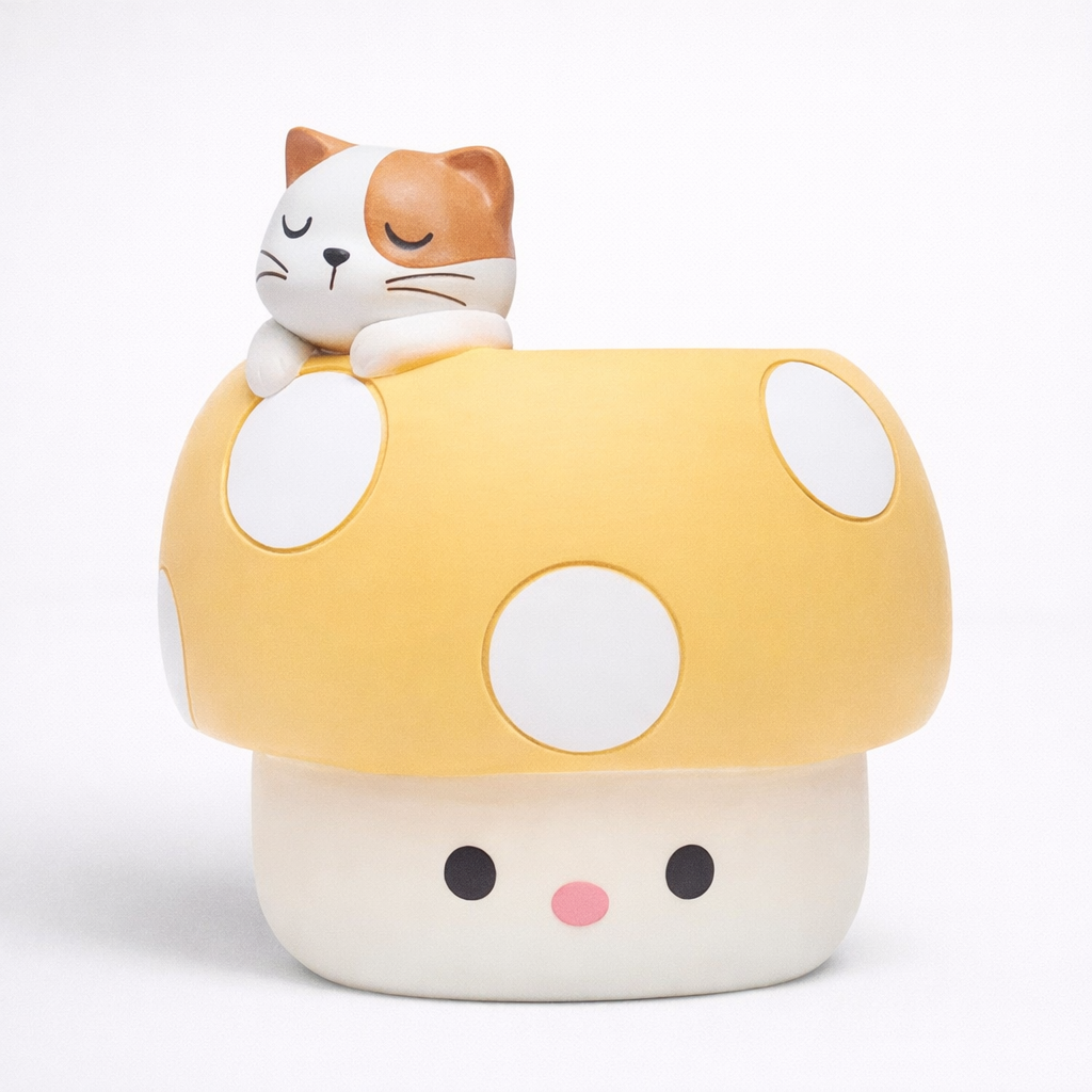 Cute cat figurine sleeping on a yellow spotted mushroom toy, Germiant homepage style