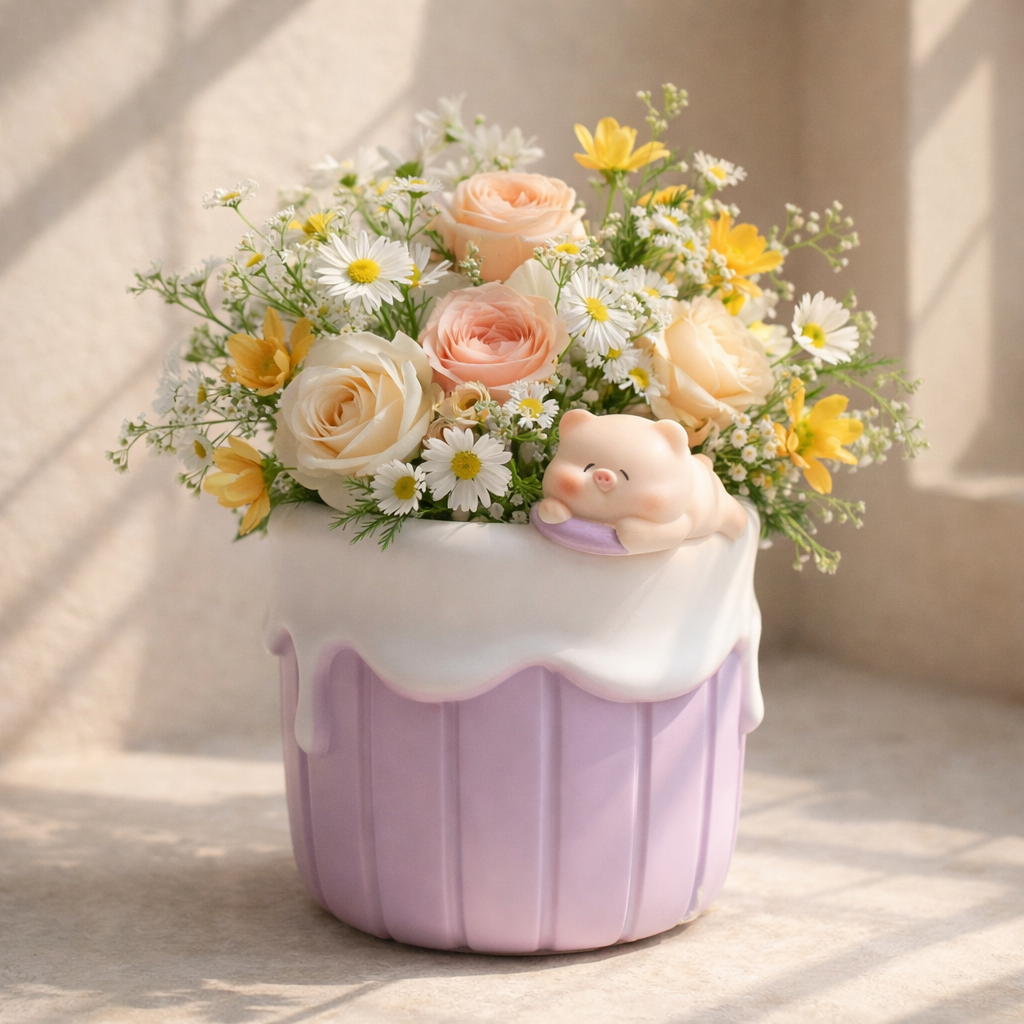 Floral arrangement in a cupcake-shaped container with a bear figurine on a neutral background