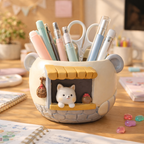 Ceramic bear pencil holder with cute dog and pastel stationery on desk, Germiant workspace
