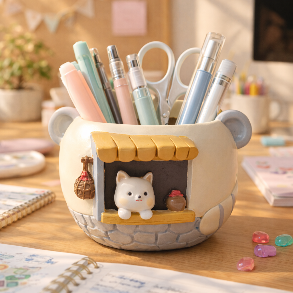Ceramic bear pencil holder with cute dog and pastel stationery on desk, Germiant workspace