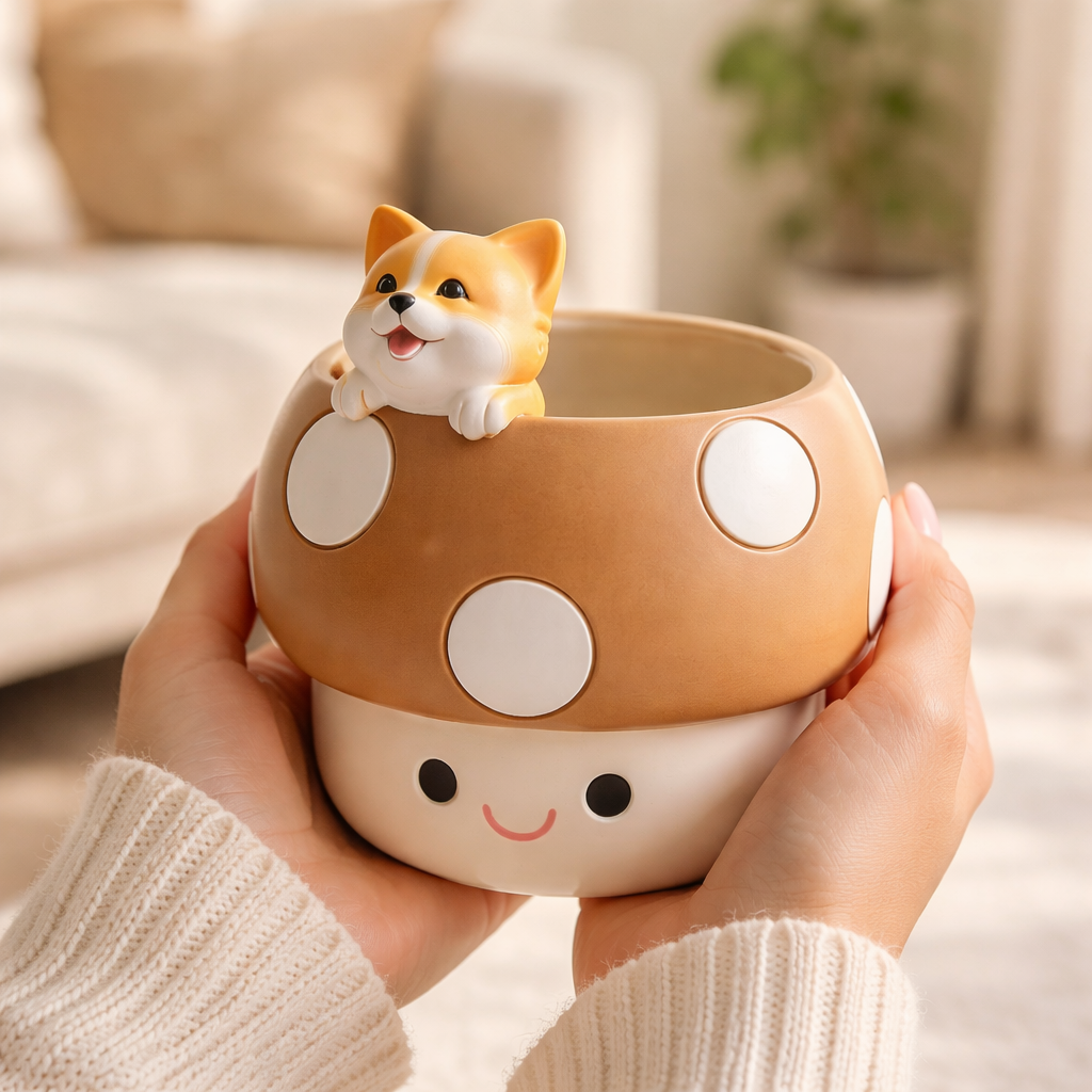 Cute ceramic mushroom planter with a dog figurine on top, held in hands.