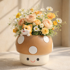 Floral arrangement in a mushroom-shaped pot with a small dog figurine on a light background