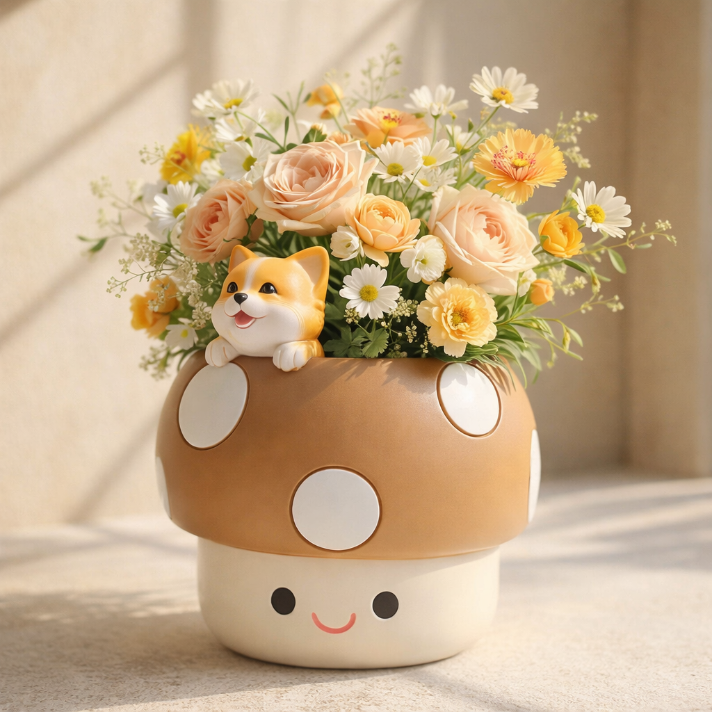 Floral arrangement in a mushroom-shaped pot with a small dog figurine on a light background