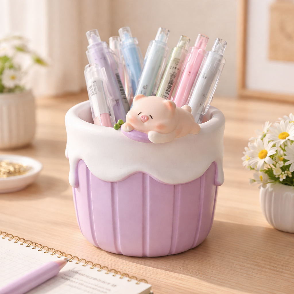 Cute cupcake-shaped pen holder with pens on a desk