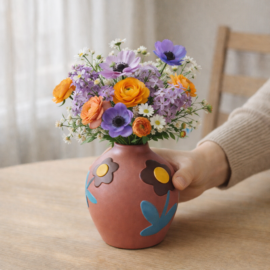 Person holding a vase with colorful flowers on a wooden table