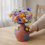 Person holding a vase with colorful flowers on a wooden table