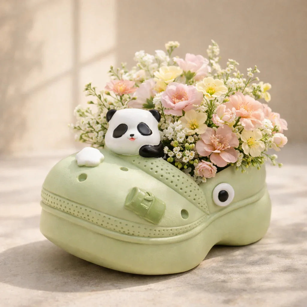 Cute panda planter in green shoe shape with pastel flowers, Germiant decorative home decor