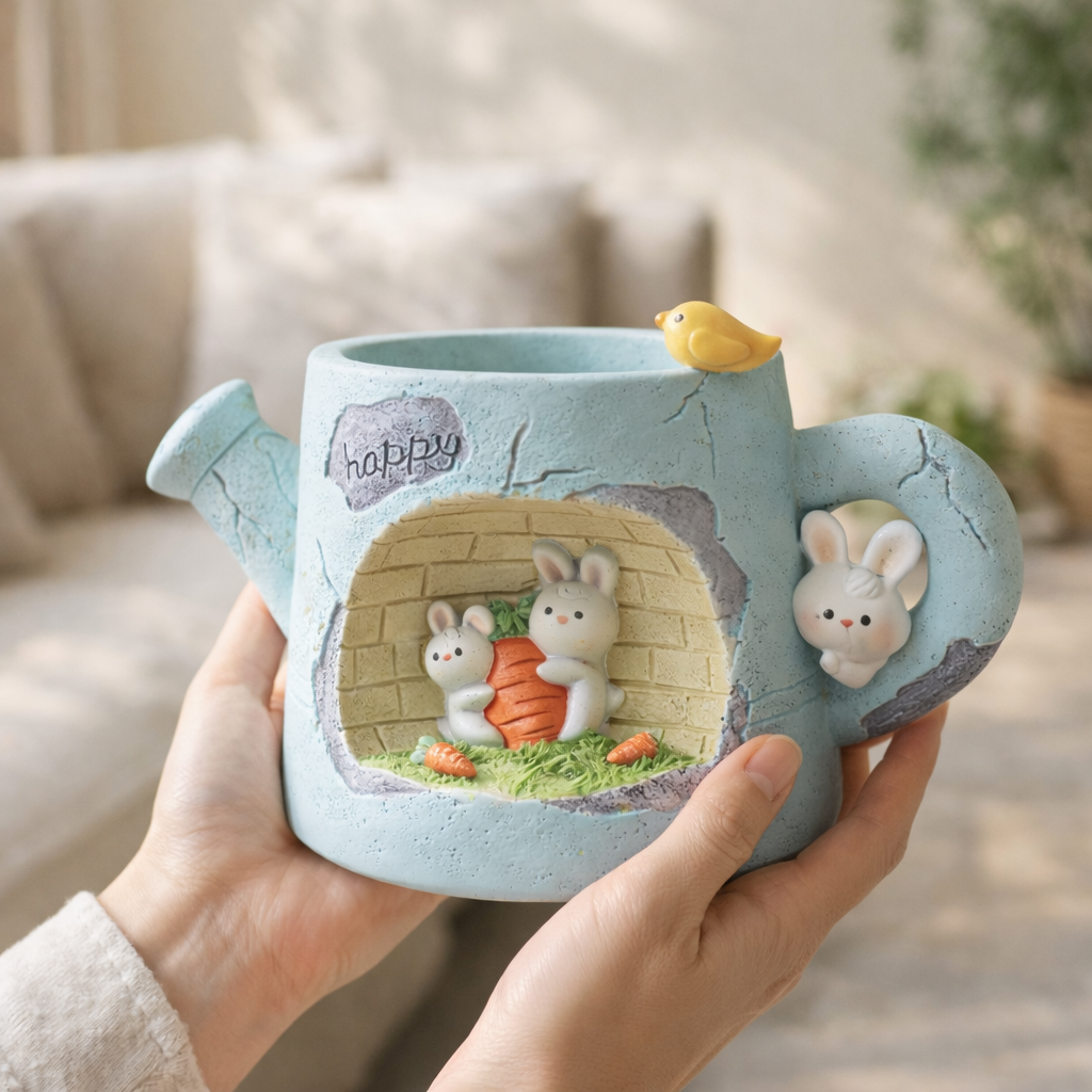 Cute blue watering can planter with bunny and carrot design, held in hands, Germiant decor