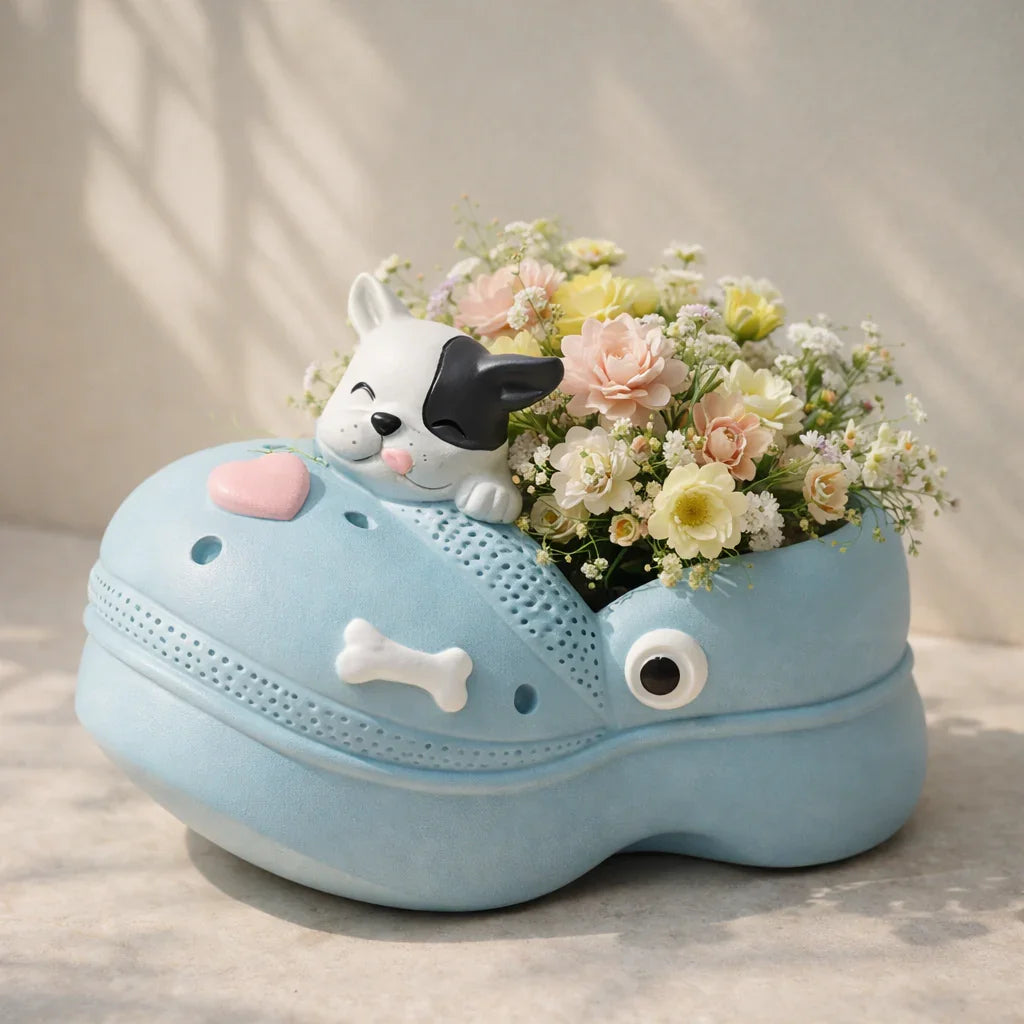 Blue dog-shaped shoe planter with pastel flowers, Germiant home decor