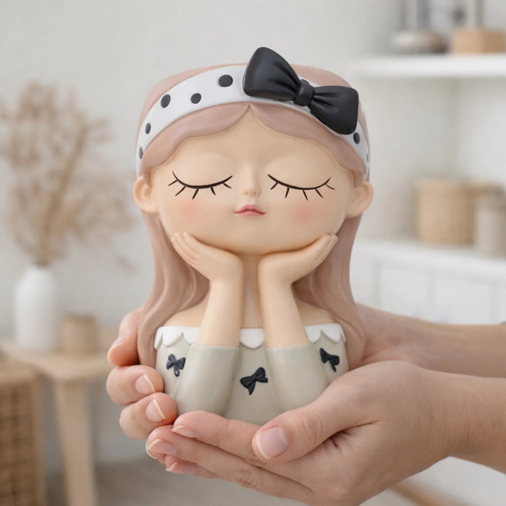 Hand holding cute girl figurine with closed eyes, polka dot headband and bow, Germiant decor