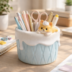 Ceramic pen holder with ice cream cone design on a desk