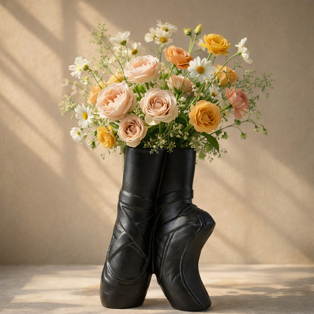 Black leather boots filled with a bouquet of flowers on a neutral background