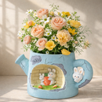 Blue teapot vase with bunny design, holding peach roses and yellow flowers, Germiant decor