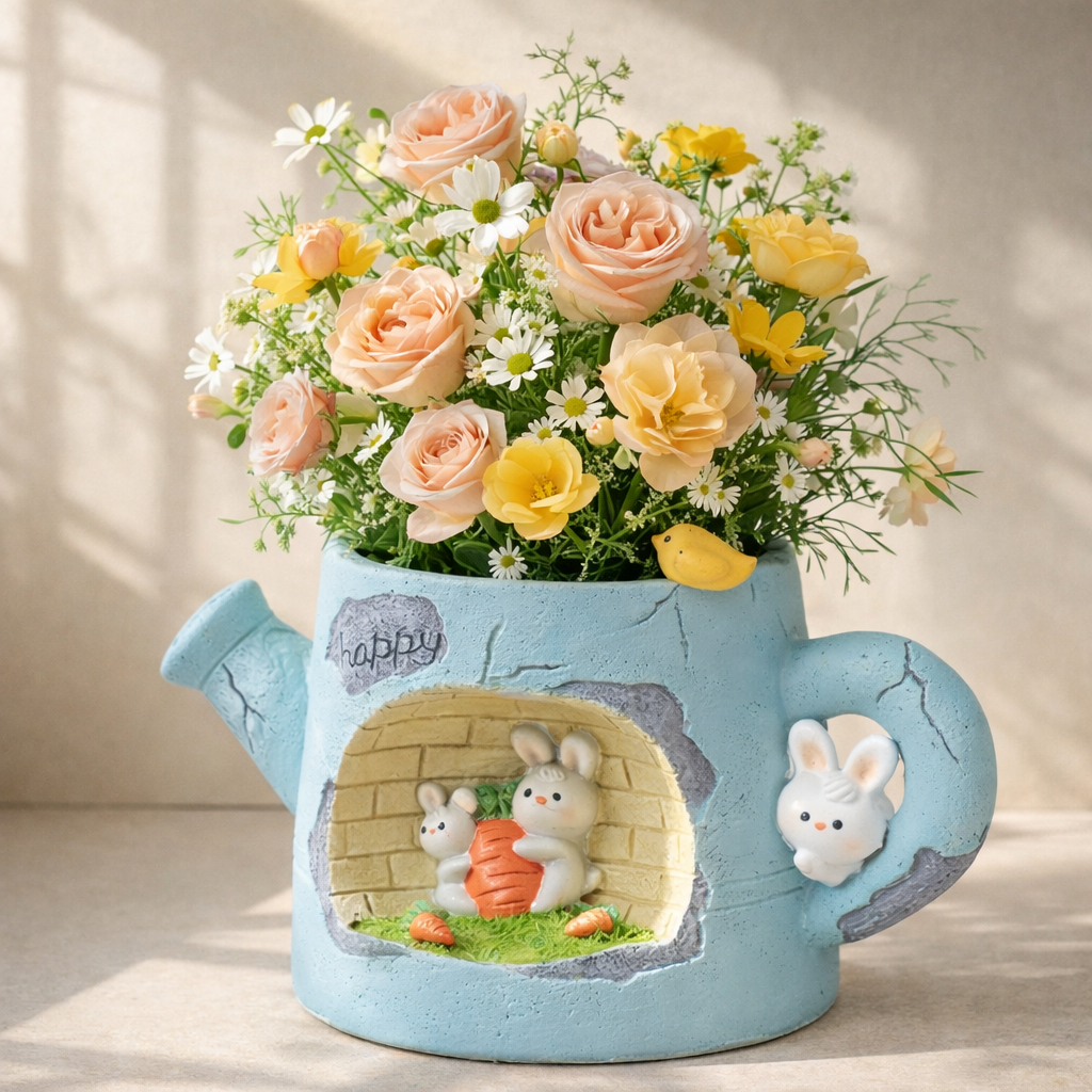 Blue teapot vase with bunny design, holding peach roses and yellow flowers, Germiant decor