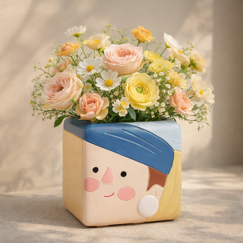 Floral arrangement in a cute, cartoon-like pot with a face on a neutral background