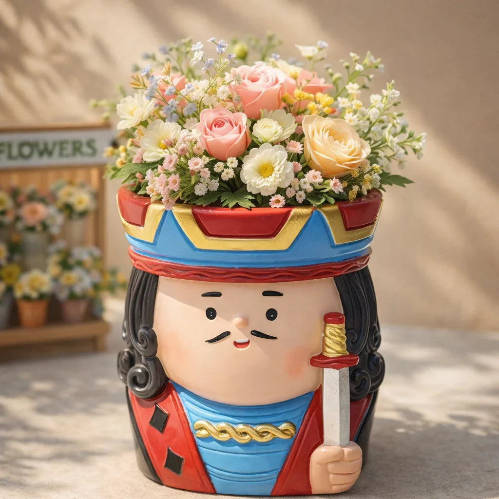 King-themed flower pot with pastel roses and daisies, outdoor floral decor at Germiant