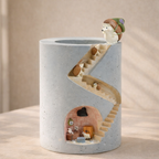 Cylindrical pet toy with a spiral staircase and small figures on a neutral background