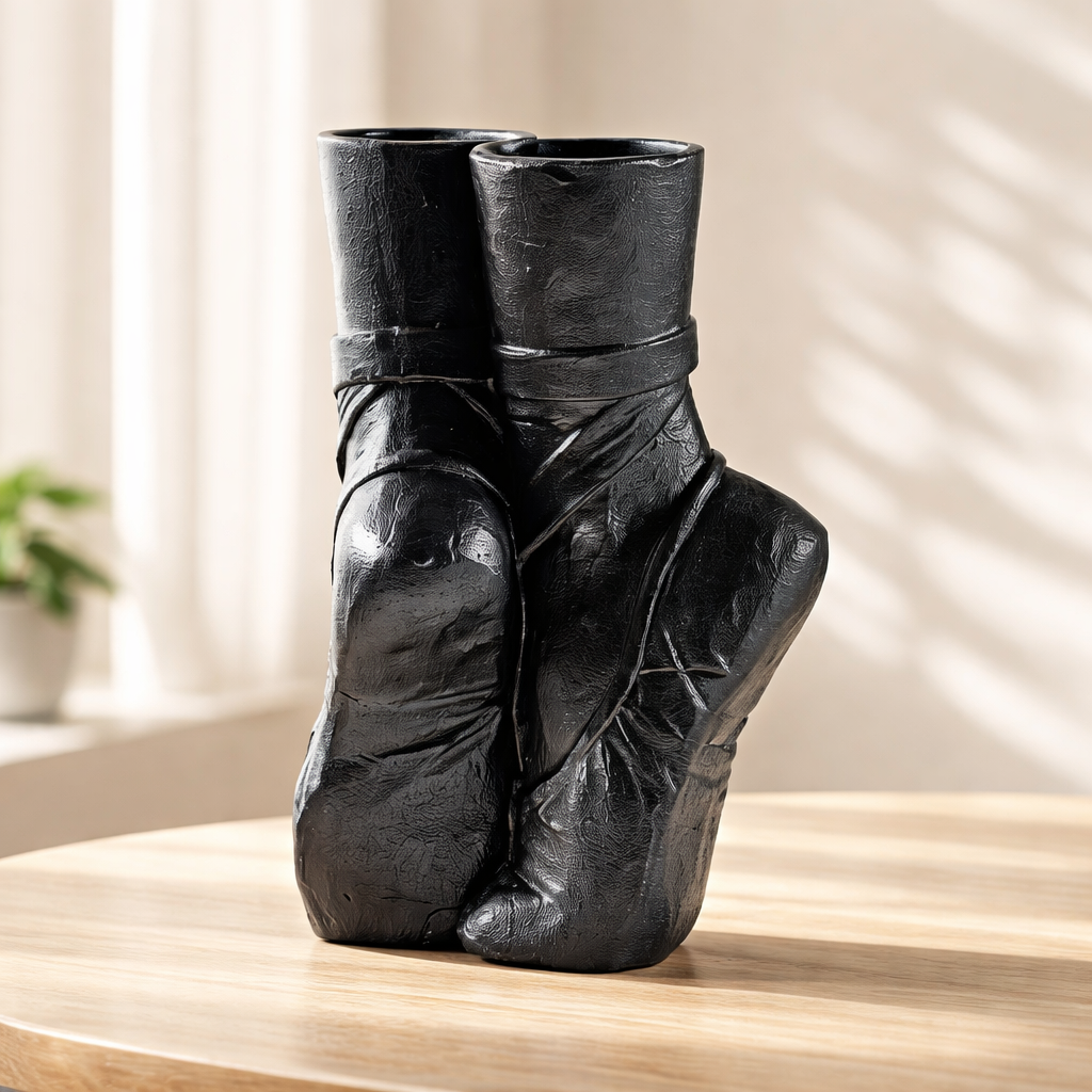 Black ceramic vase shaped like a pair of ballet shoes on a wooden surface.