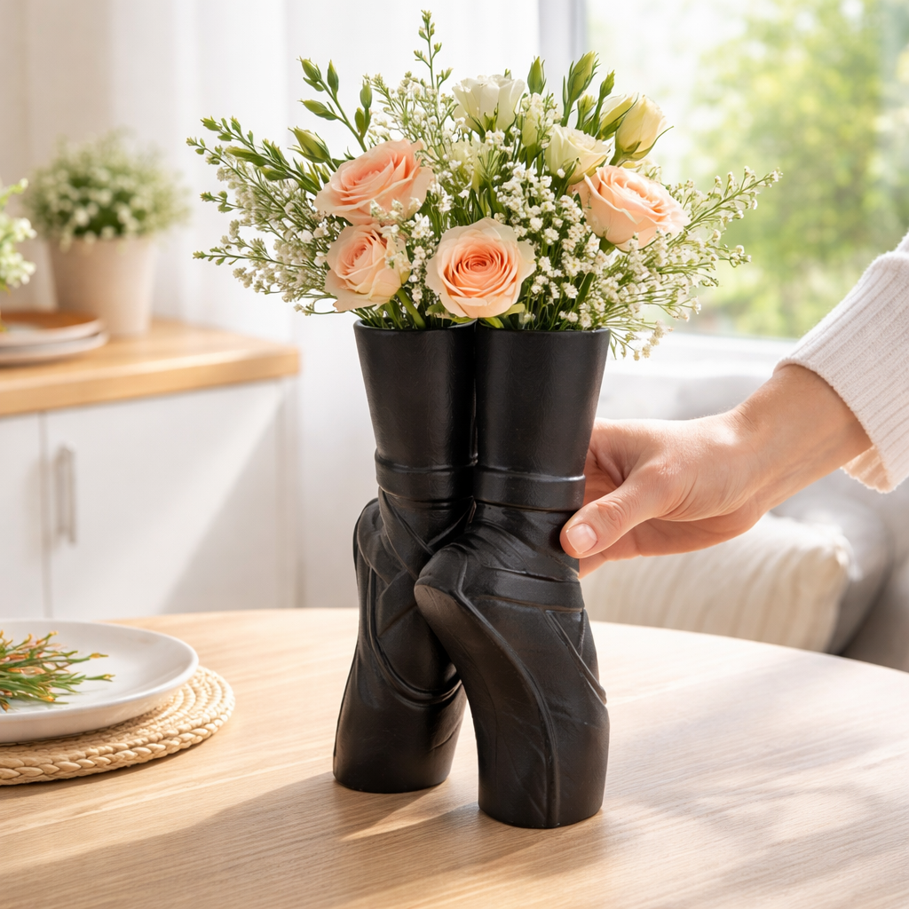 Black boot-shaped vase holding a bouquet of flowers on a wooden table.