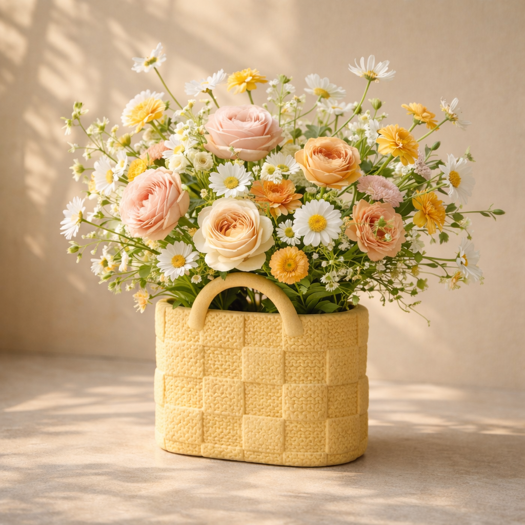 Bouquet of flowers in a woven basket on a neutral background
