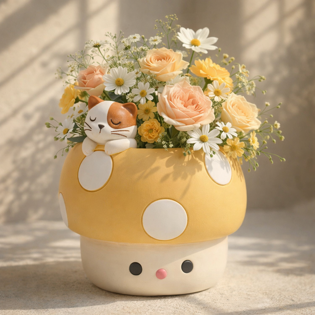 Cute mushroom vase with a cat figurine, filled with yellow roses and daisies, Germiant decor