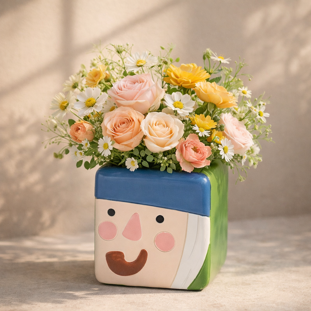 Floral arrangement in a pot shaped like a face with a blue hat on a neutral background