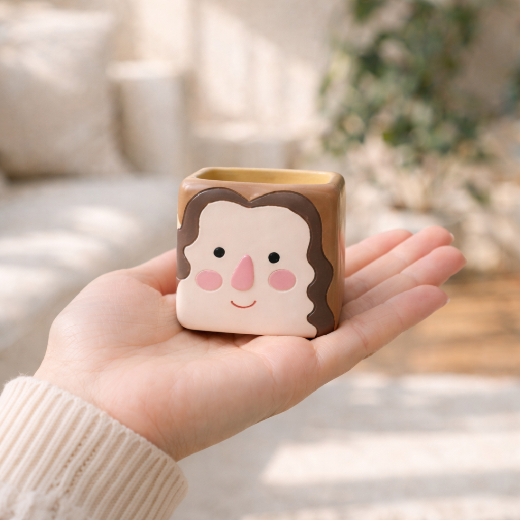 Hand holding a small wooden container with a face design against a blurred indoor background
