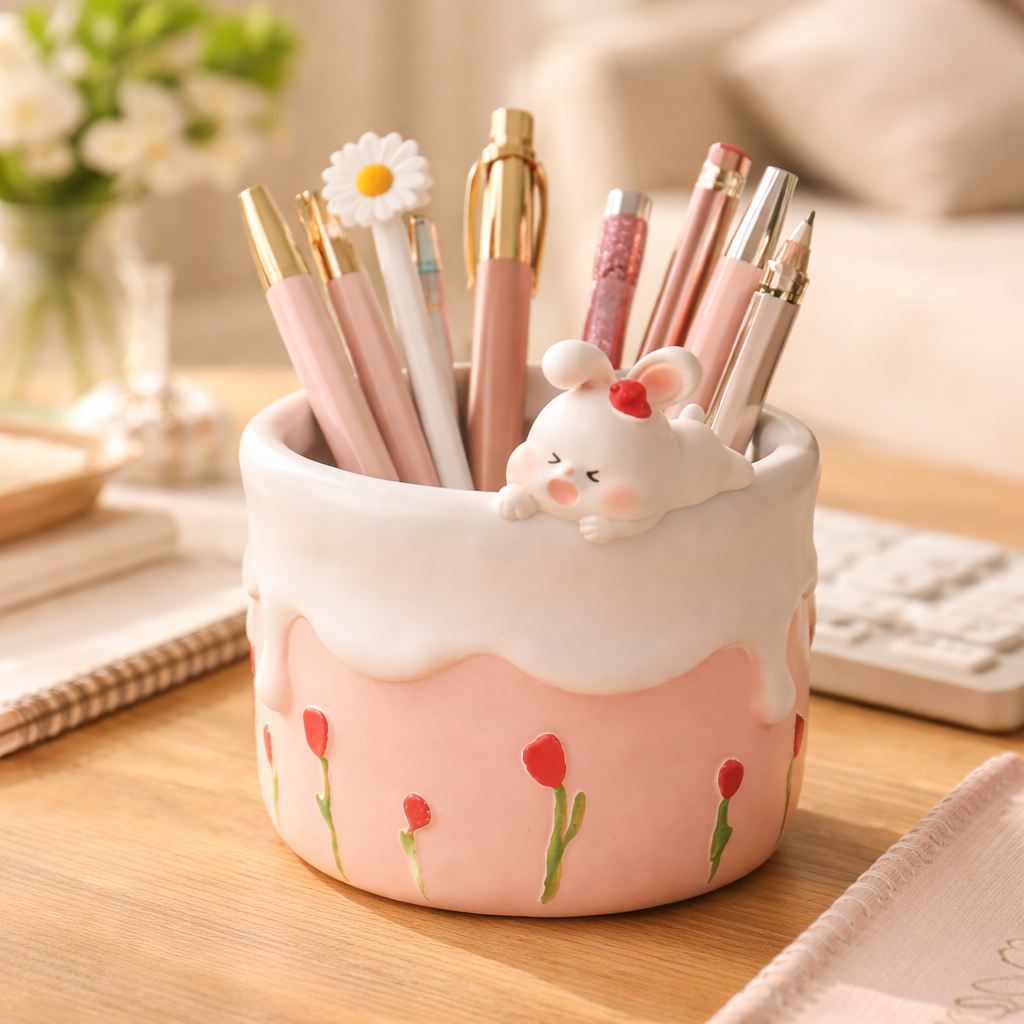 Cute pink pen holder with cartoon mouse design on a desk
