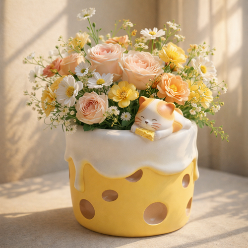 Floral arrangement in a yellow polka dot vase with a cat design on a neutral background