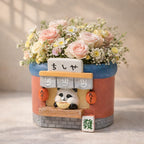 Cute ceramic panda ramen shop flower pot with pastel roses and daisies, Germiant decor